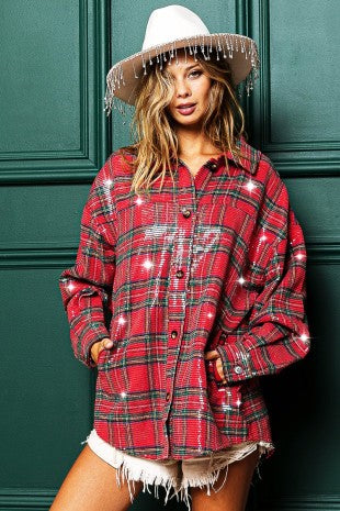 Top Plaid Christmas Clear Sequin Shirt RED MULTI