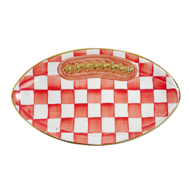 Mackenzie Childs Football Platter Red Check Ceramic
