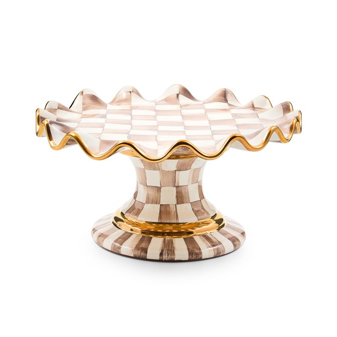 Mackenzie-Childs Cake Stand Fluted Mocha Check Ceramic