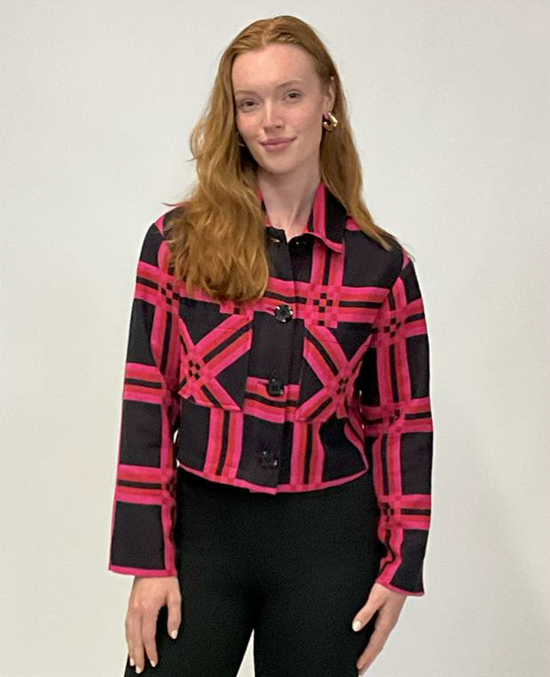 black and pink plaid jacket