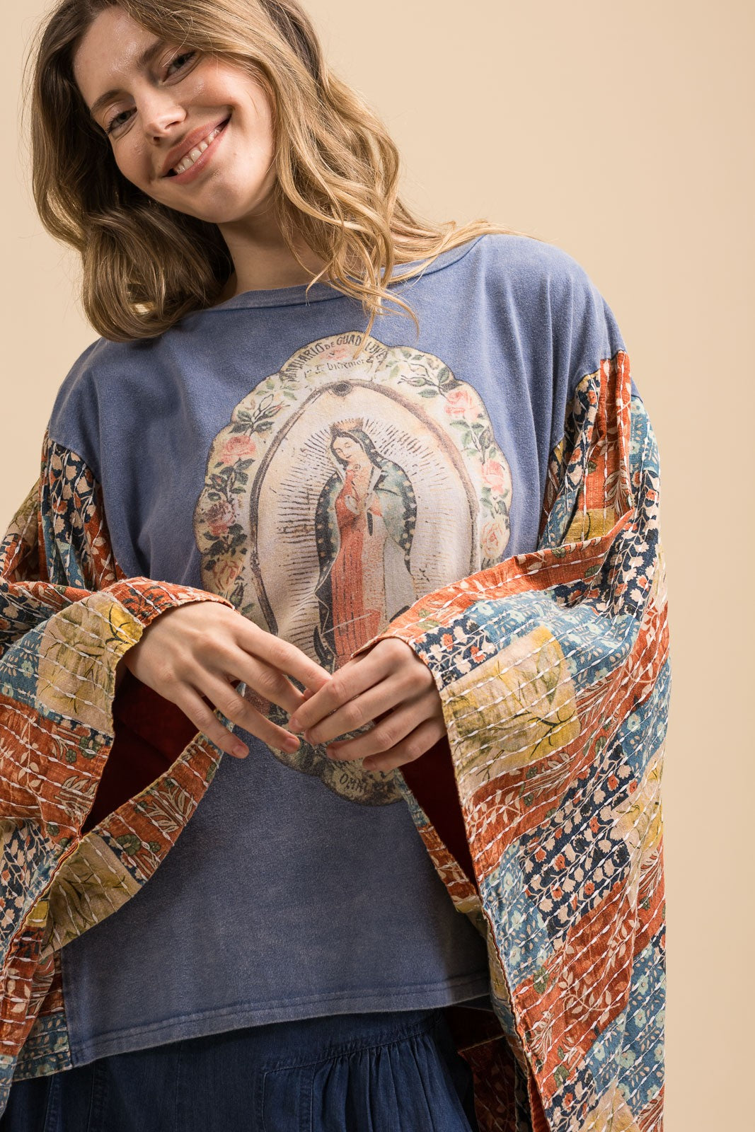 Top Virgin Mary Print Kantha Poncho