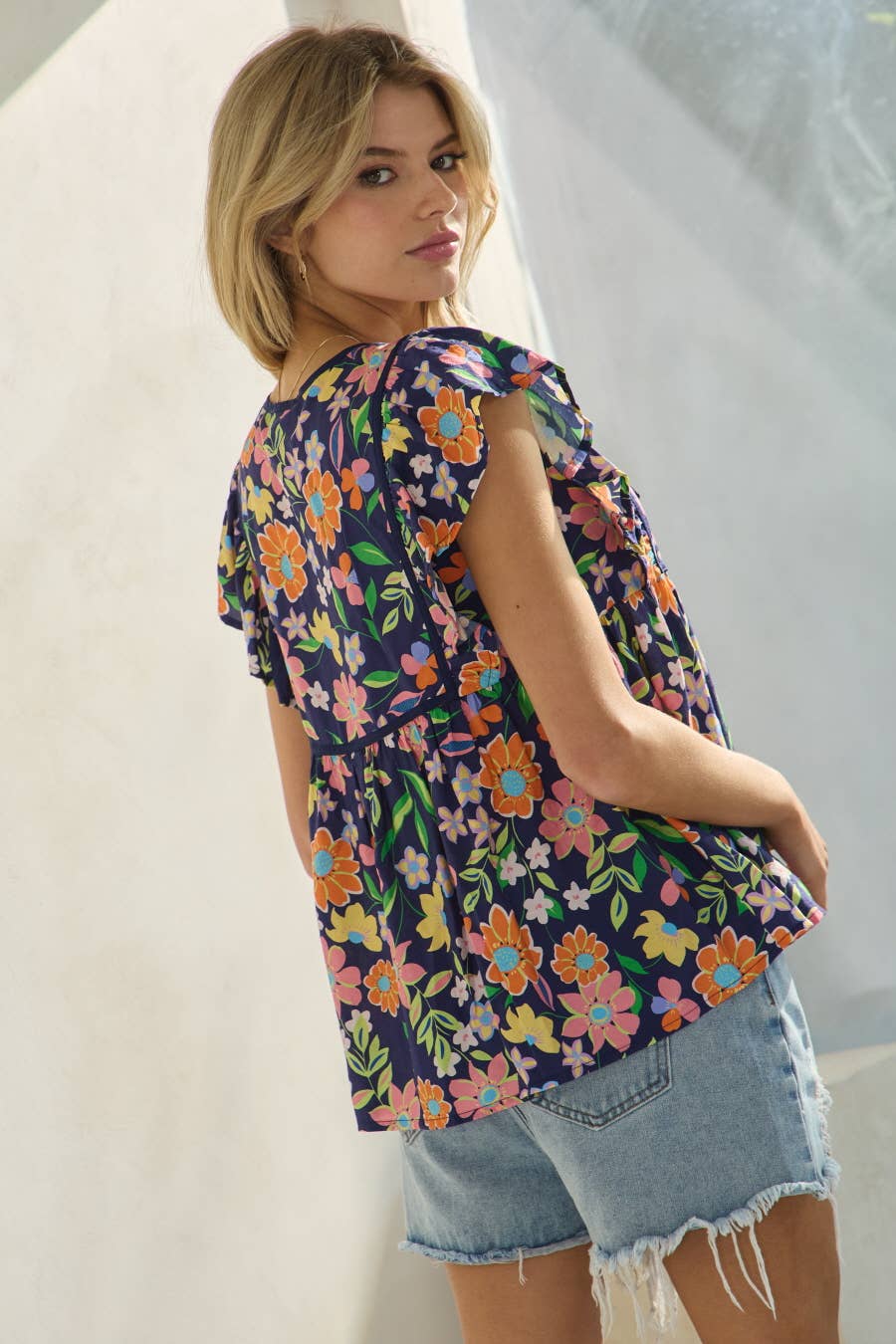 Blouse Floral Flutter Plus Sleeve Multi Colored