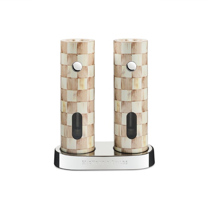 Mackenzie-Childs Salt & Pepper Electric Grinder Set Mocha Check