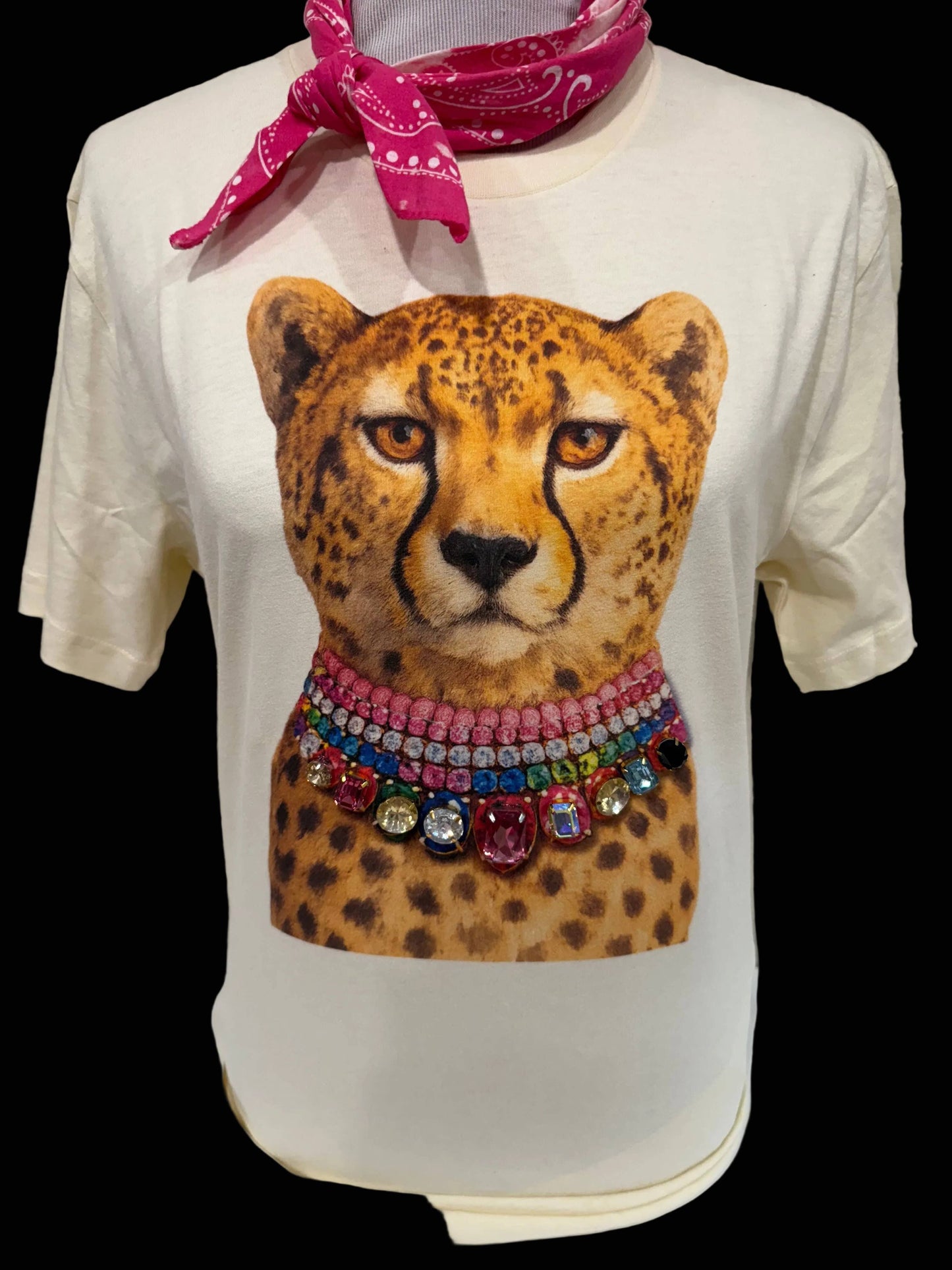 Tee Leopard Jeweled Collar Natural Crew