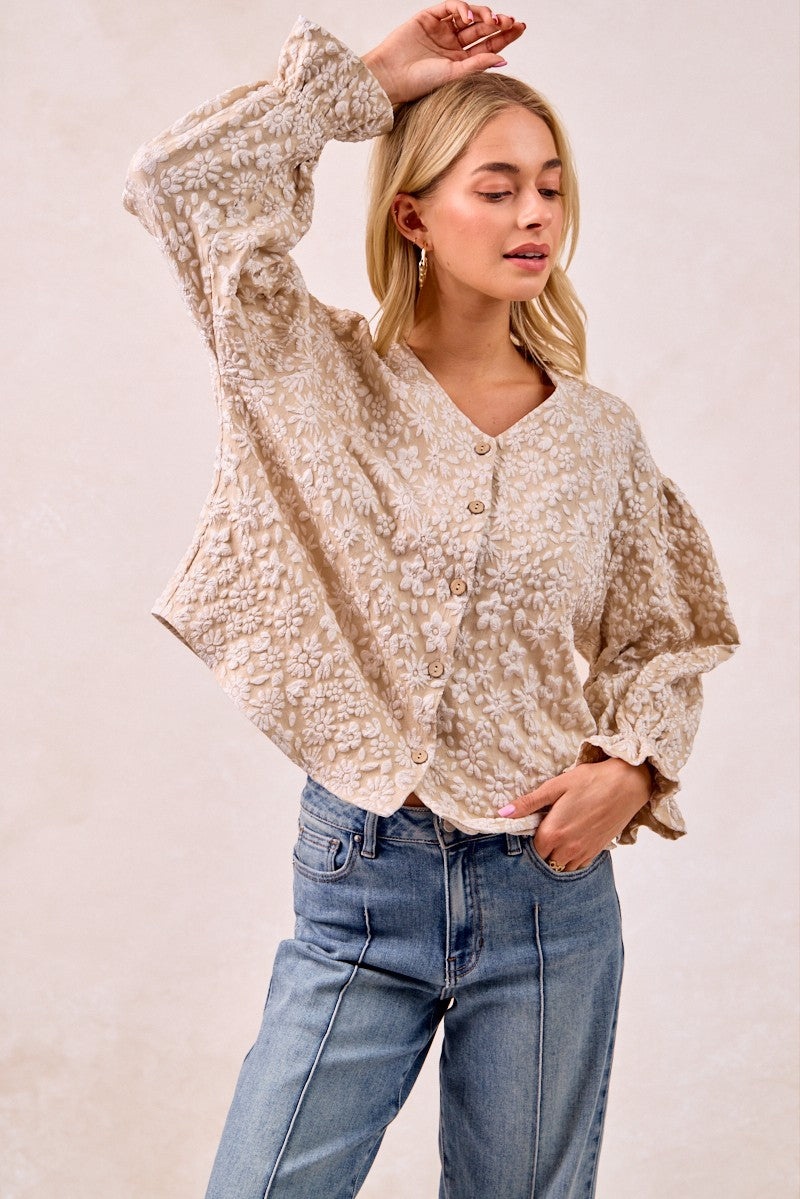 TOP RUFFLE V-NECK FLORAL TEXTURE