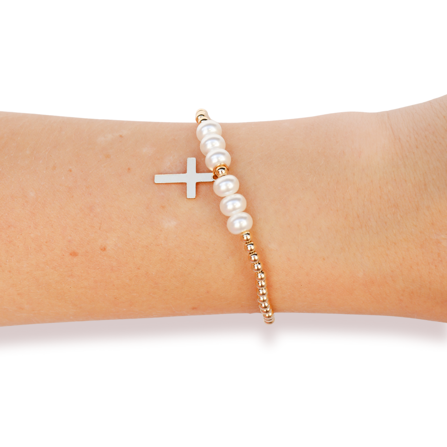 Charm Bracelet Cross + Pearl Gold