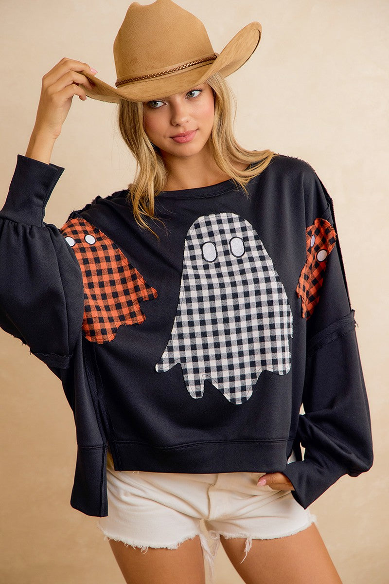Top Ghost Plaid Applique Halloween Sweatshirt Oversized Black