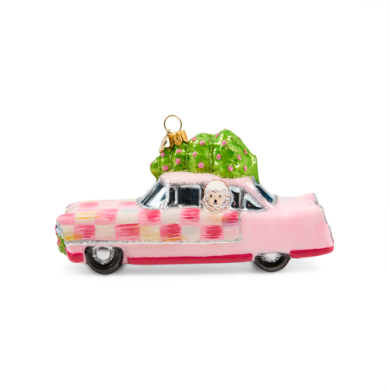 Mackenzie-Childs Ornament Poodle Car Bubblegum Check Holiday Glass