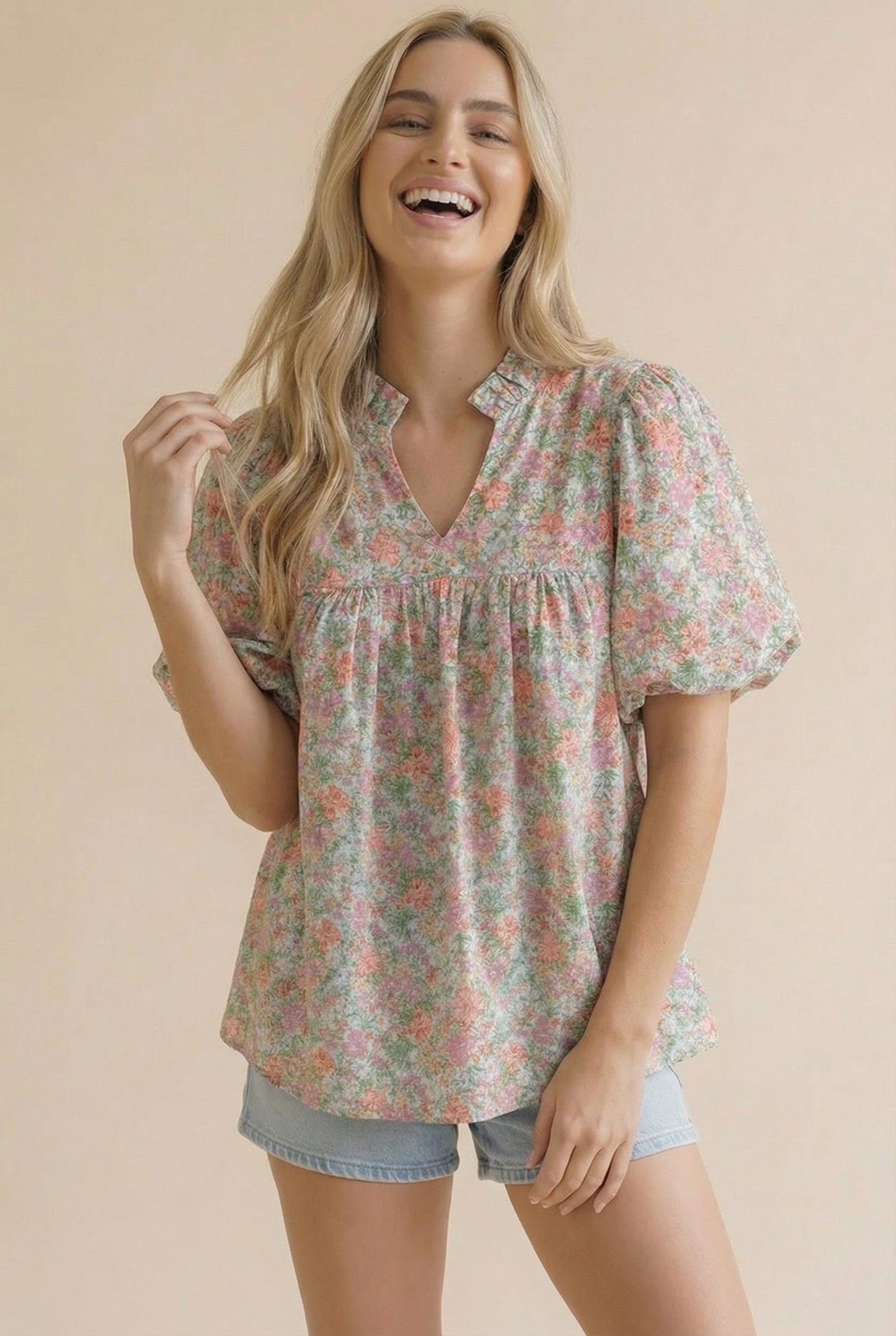 TOP Frilled Notch Neck Yoke Floral Plus