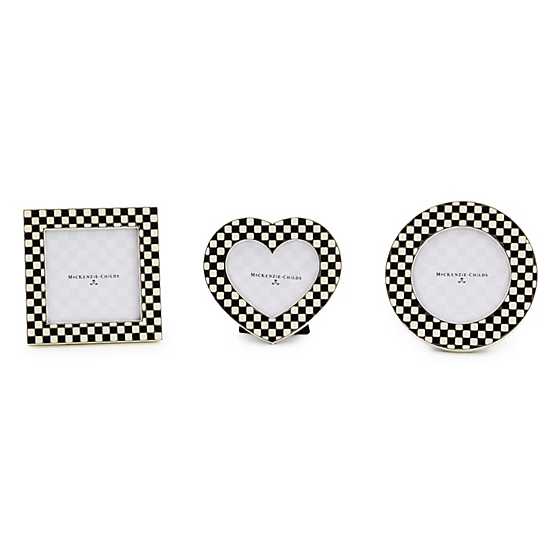 black and white check frames in the shape of a square, heart, or circle