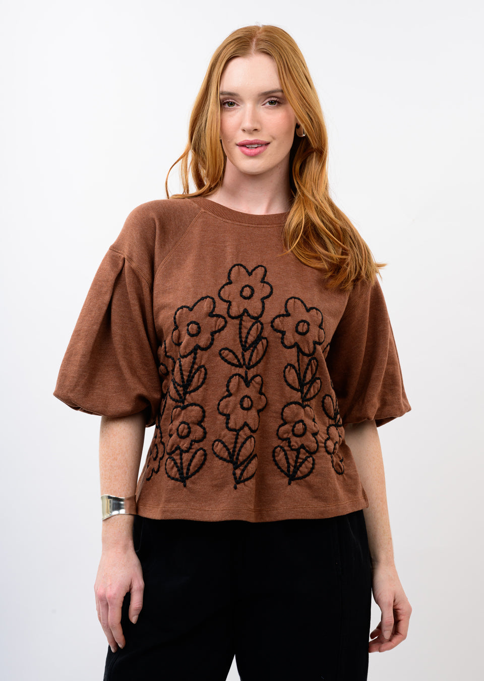 Ivy Jane Top French Terry Crewneck Floral Embroidery Chocolate