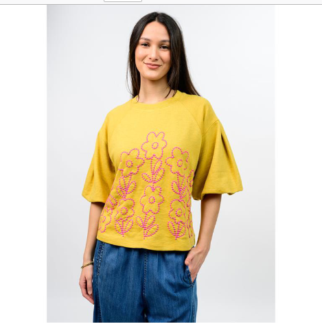 yellow top with pink embroidery