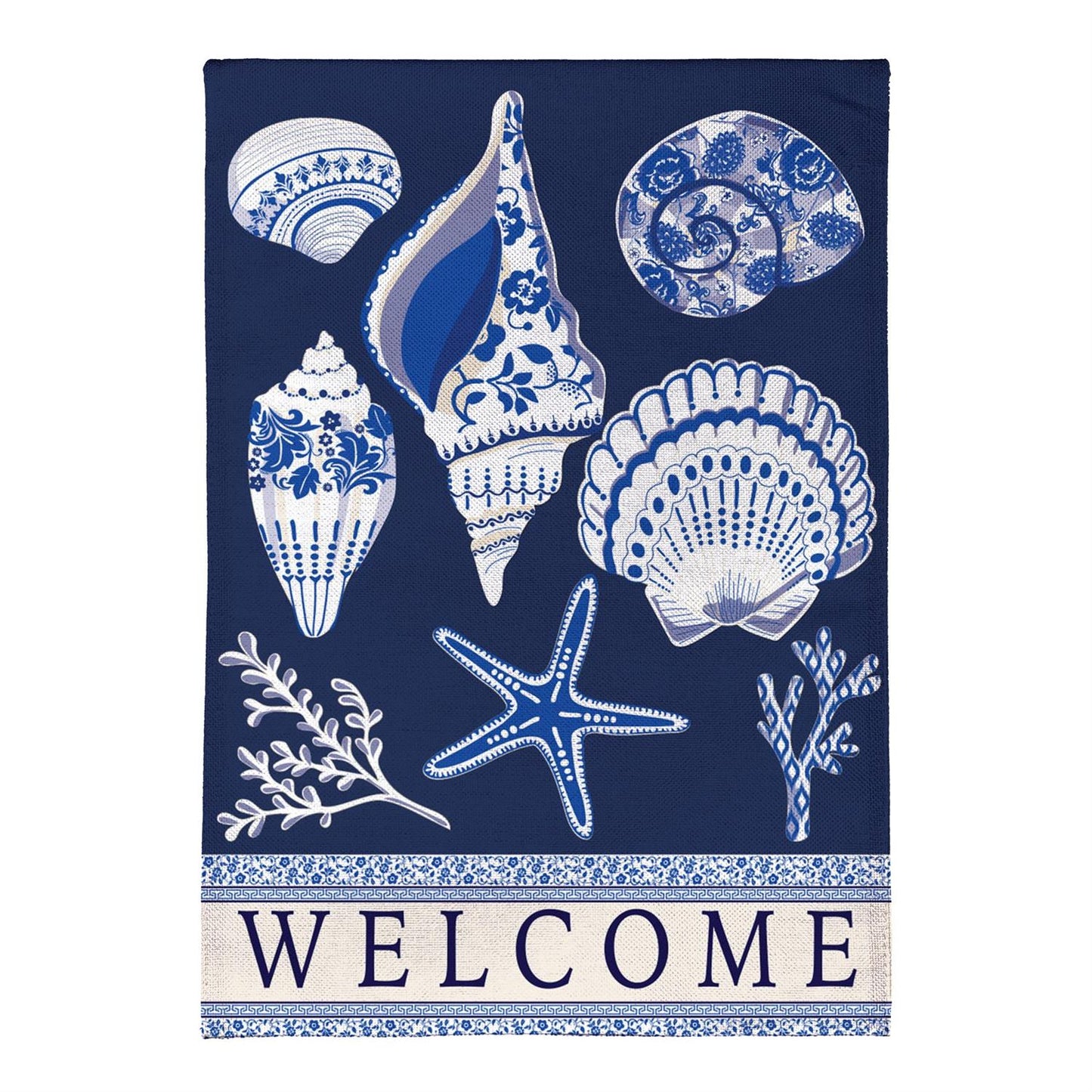 Flag Chinoiserie Seashells Burlap