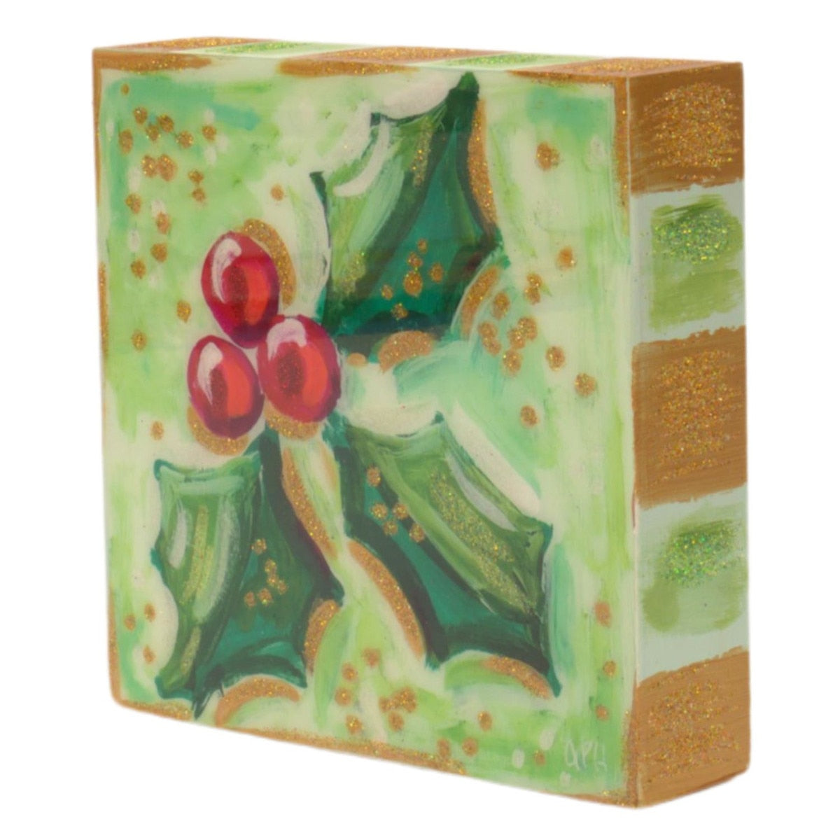 Round Top Art Block Holly Bough Resin