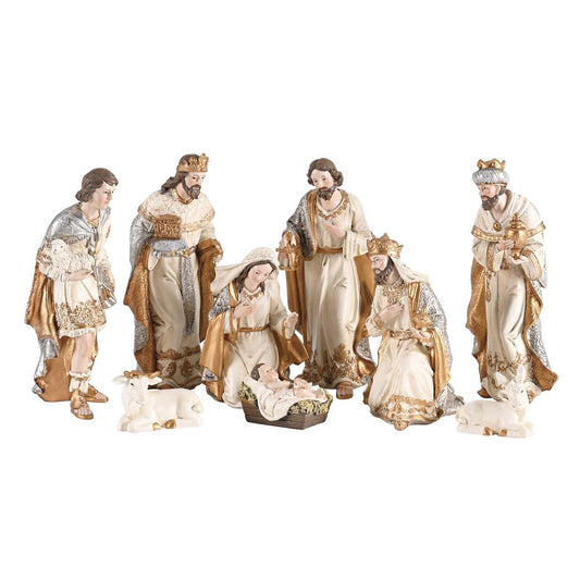 Nativity Set Famiy Wisemen Animal Gold 7.75"