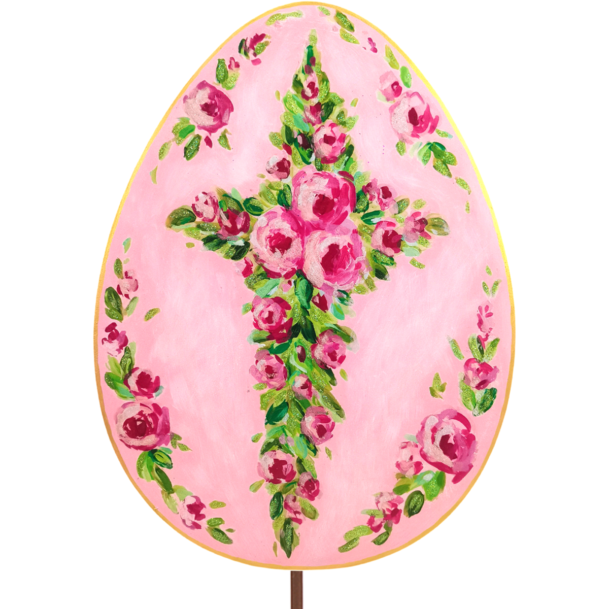 Round Top Stake Egg Pink Roses Cross