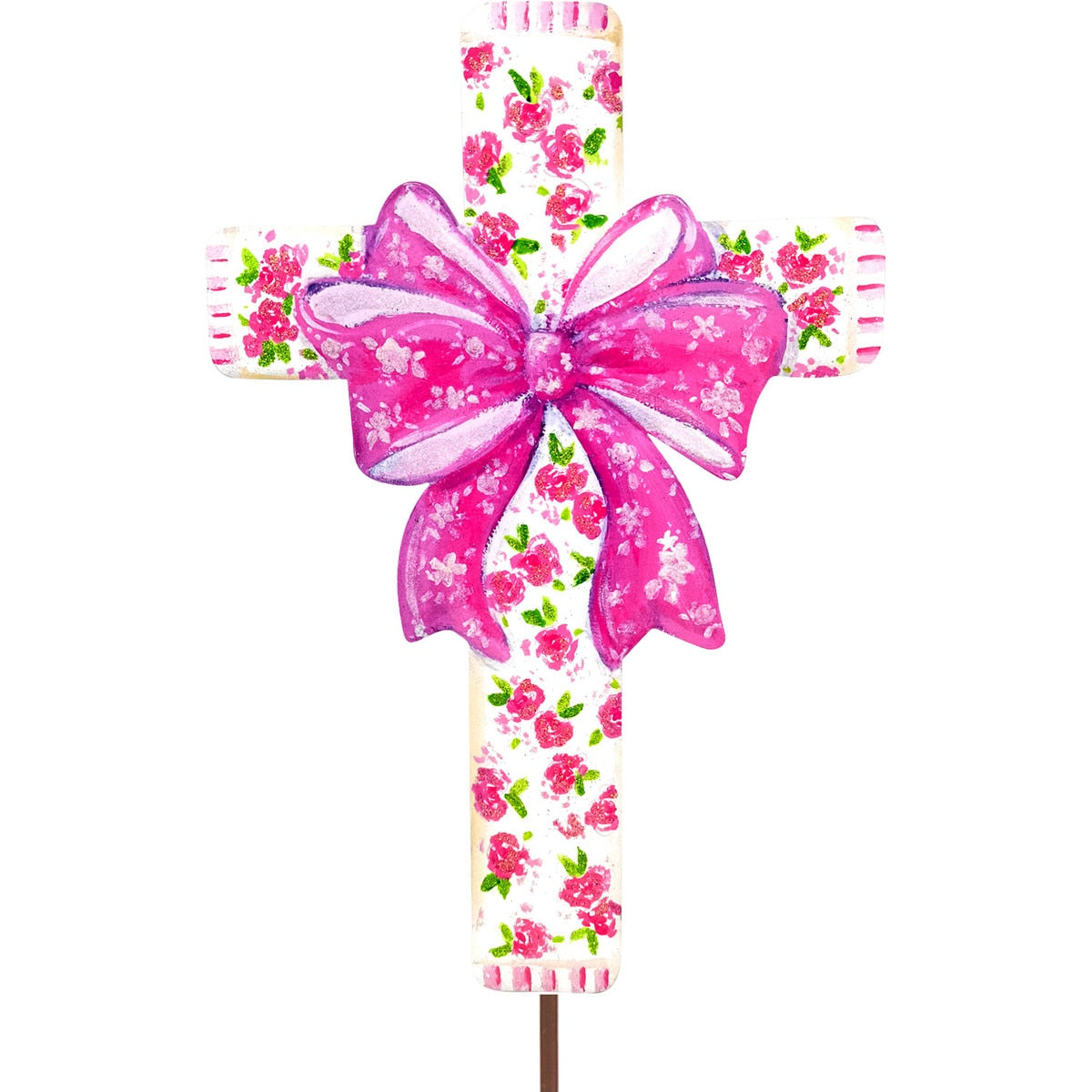 Round Top Stake Cross Pink Roses with Bow