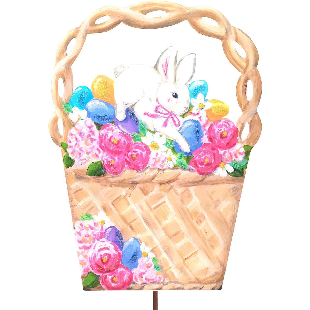 Round Top Stake Easter Basket Roses & Bunnies