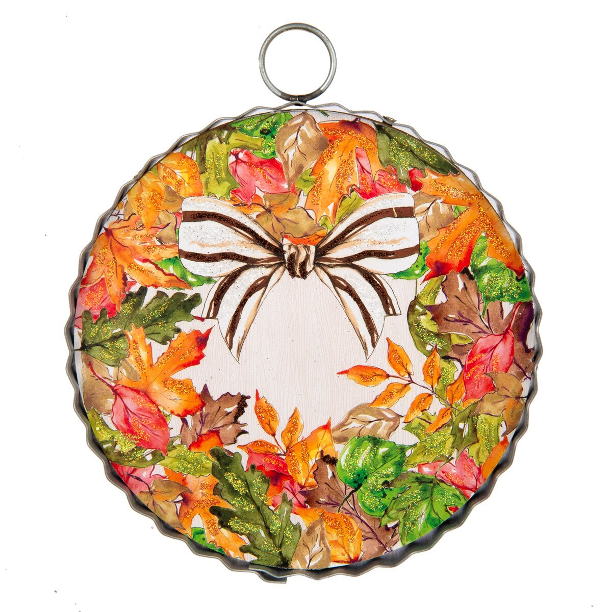round Fall wreath with brown and white stripe bow mini gallery round top collection