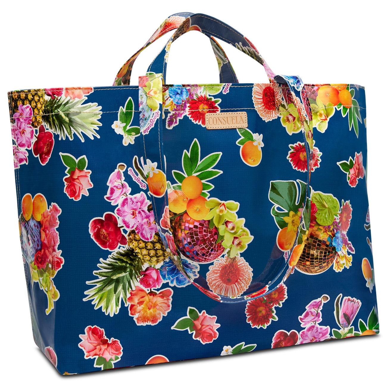 Cruise Grab N Go Consuela Bag, Blue Tote Bag, Large Tote Bag with Disco Balls and fruit