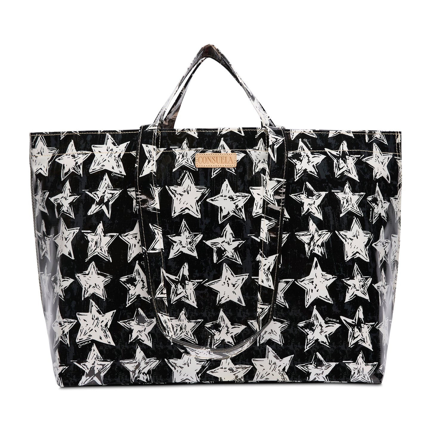Madi Grab N Go Bag Consuela, Black Tote bag with white stars, Large Oil Cloth Tote Bag