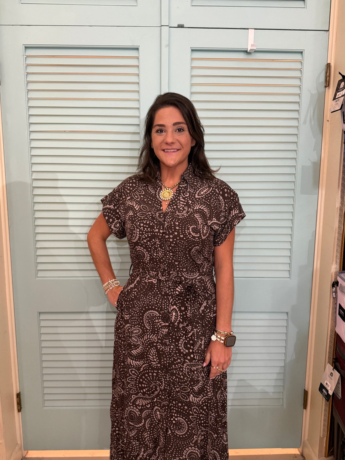 brown floral button down mid dress