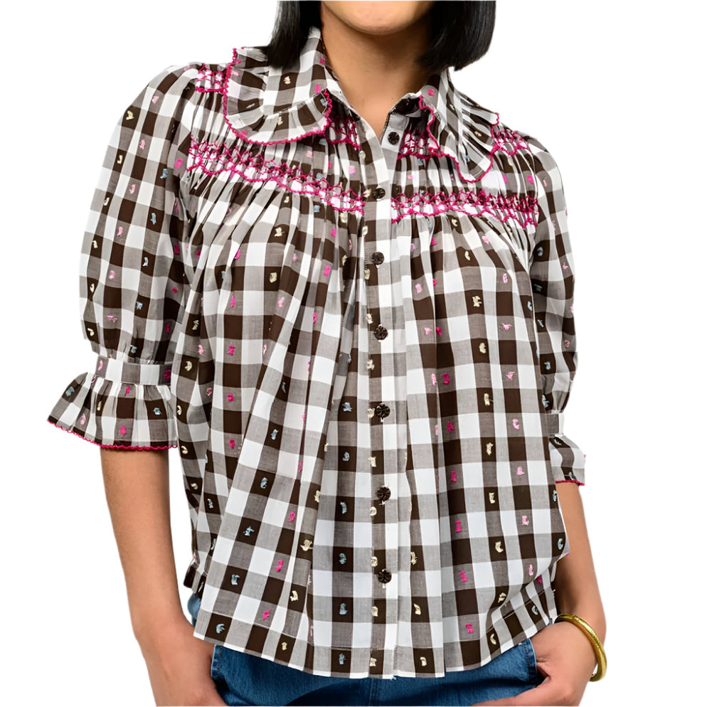 IJ BLOUSE SMOCKED CHECKED