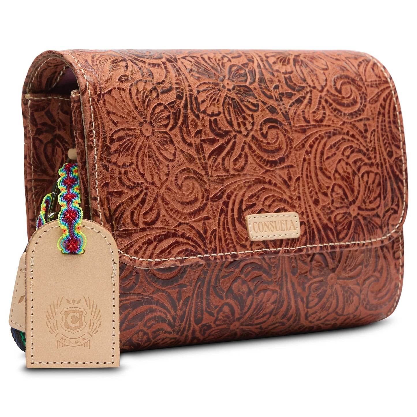 sally on the town mini messenger bag consuela, brown leather crossbody bag with detailing in the leather