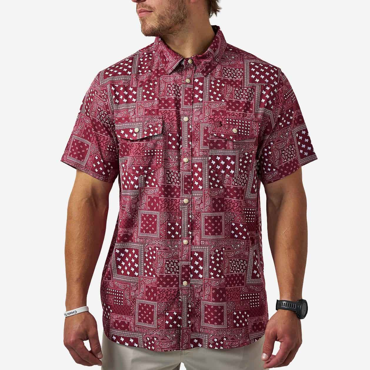 BURLEBO Shirt Western SS TEXAS PAISLEY - MAROON Performanc