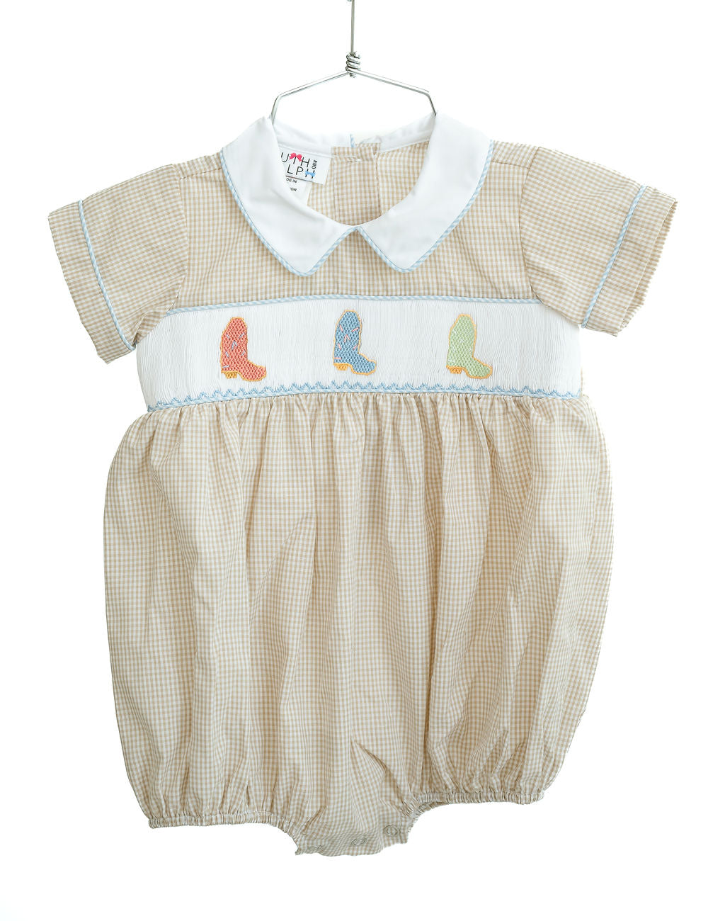 taupe smocked gingham bloomer set