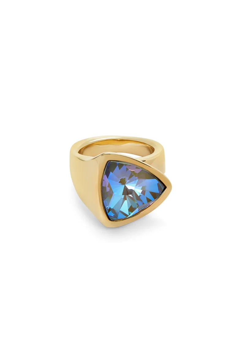 gold ring with blue iridescent stone