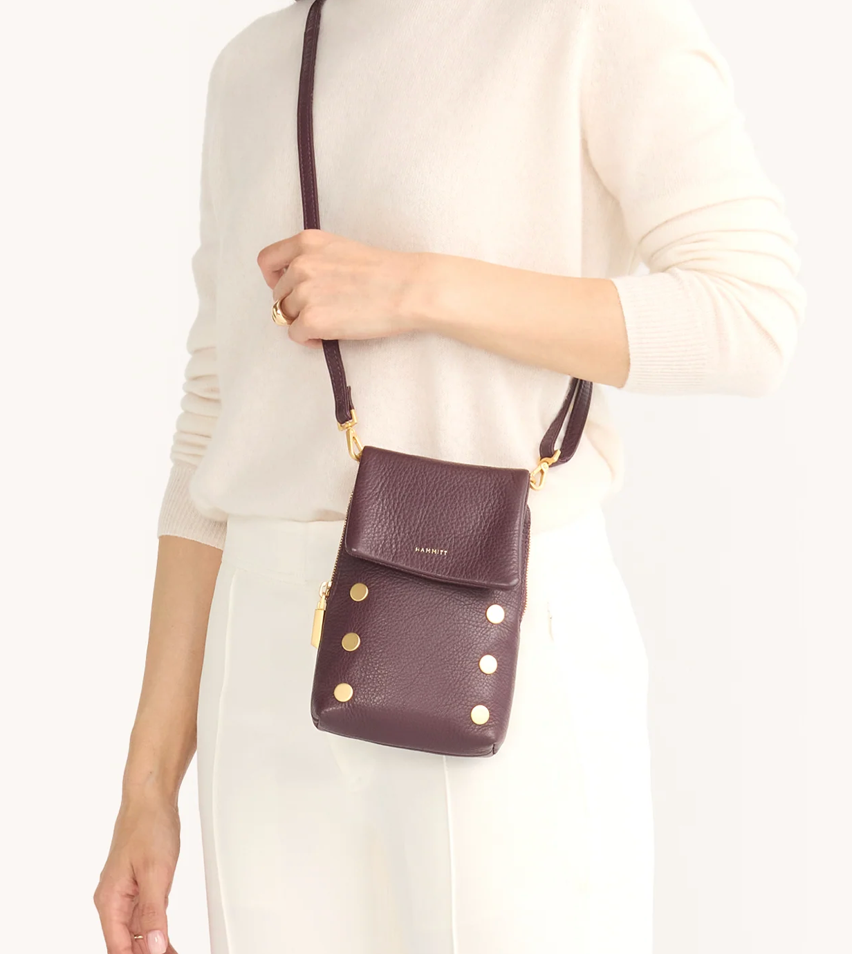 Hammitt VIP MOBILE Black / Brushed Gold Red Zip Crossbody Leather