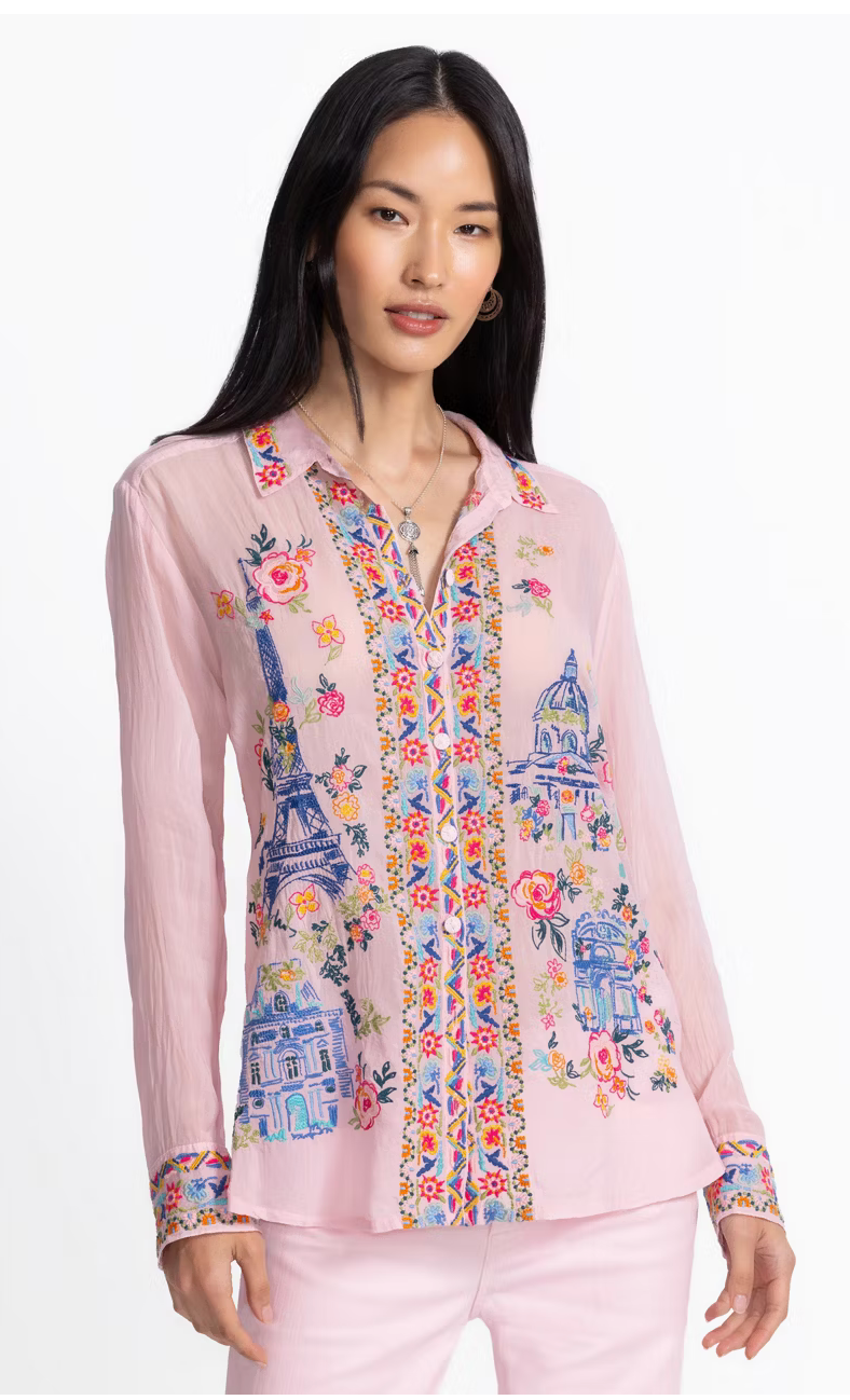 pink embroidered button down top