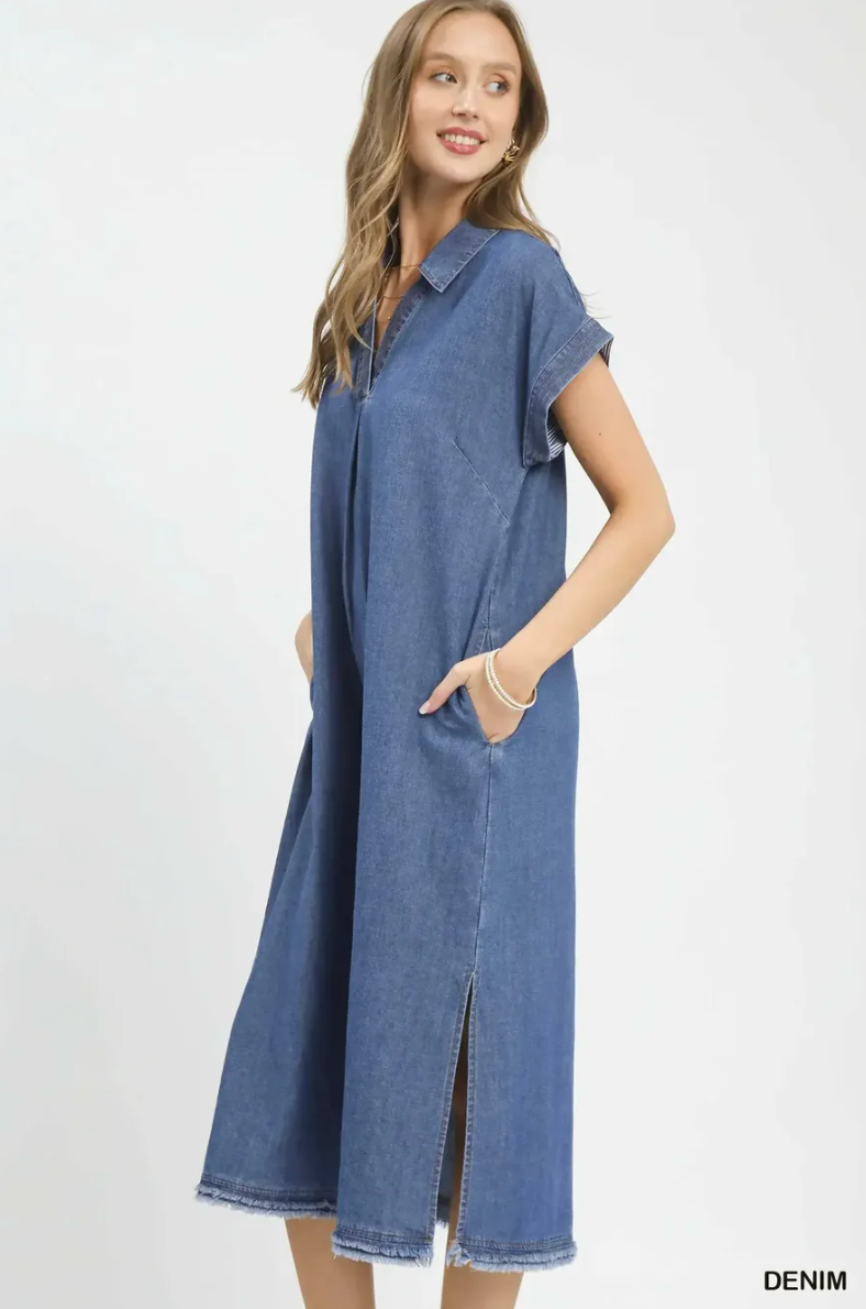 Umgee DRESS Stone Washed Collared Midi