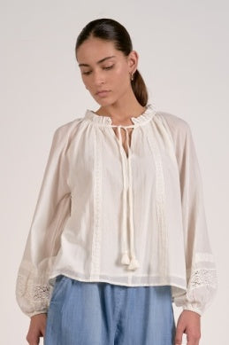 white top with drawstring and lace detail