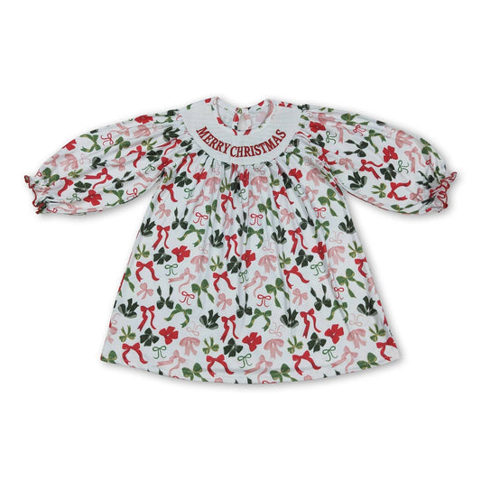 Baby LS Dress Bows Merry Christmas Smocked