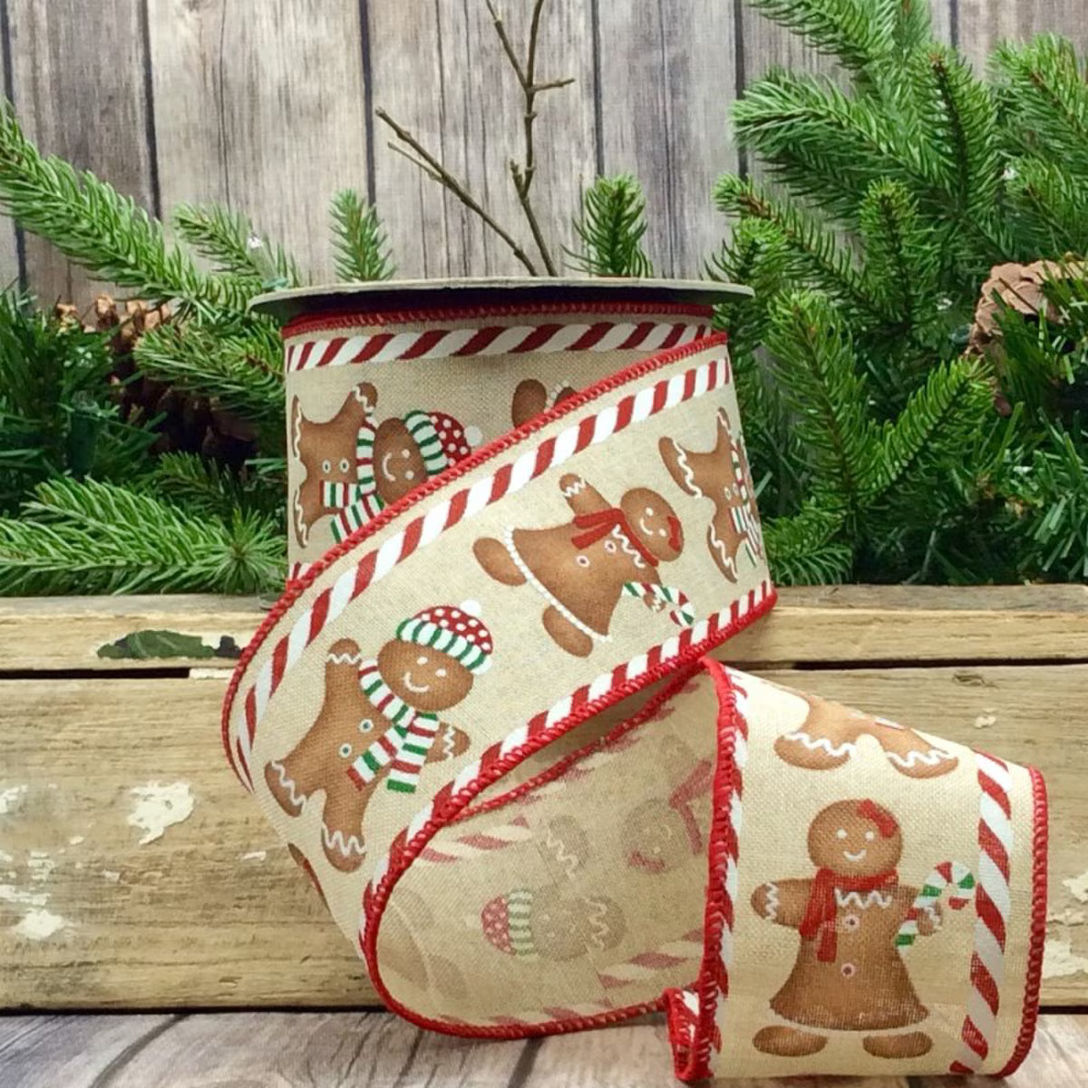 RIBBON LINEN GINGERBREAD RED GREEN 2.5"