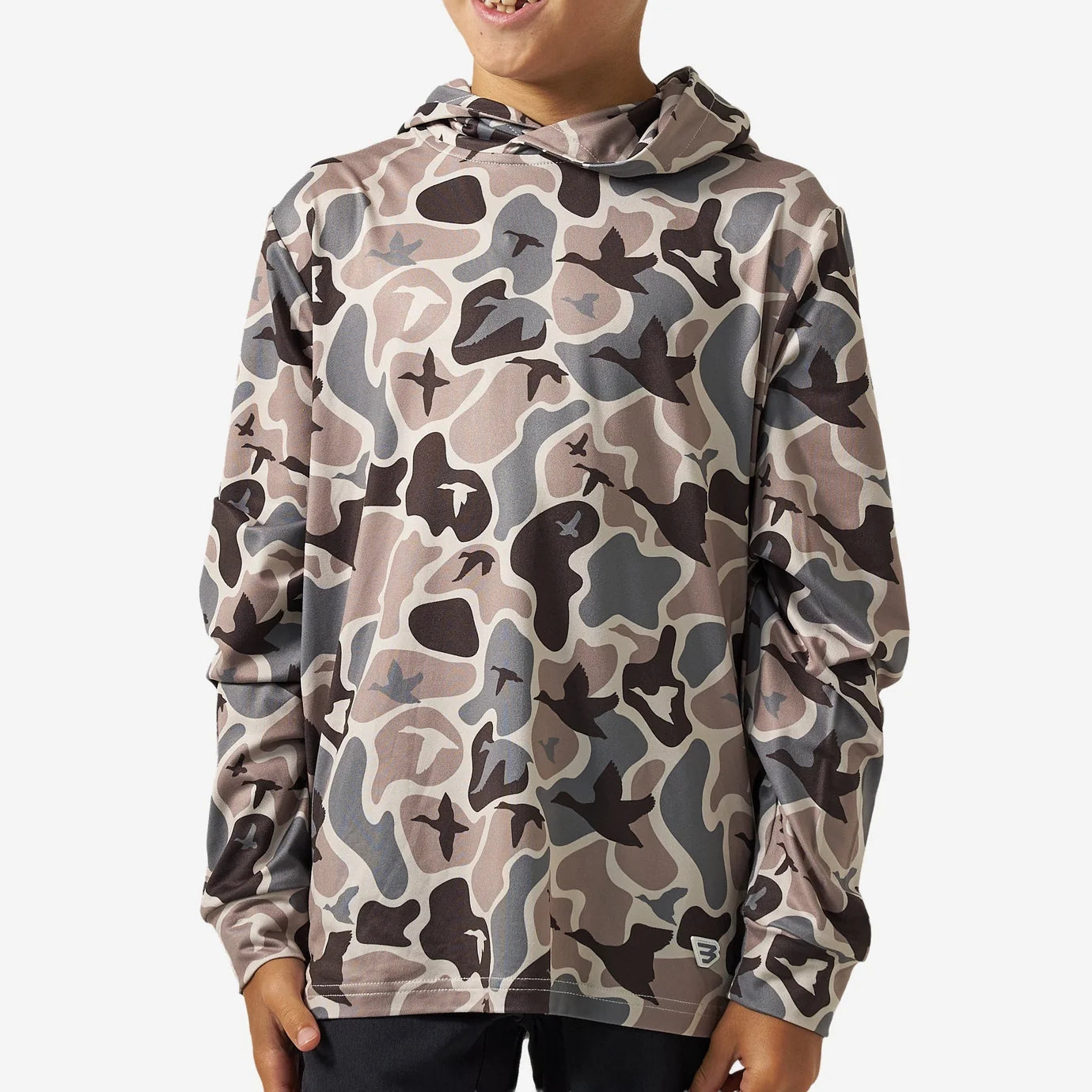 BURLEBO Youth Hoodie Performance MALLARD MAYHEM CAMO-grey and brown