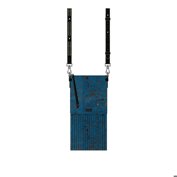 blue crossbody with brown flecks and fringe