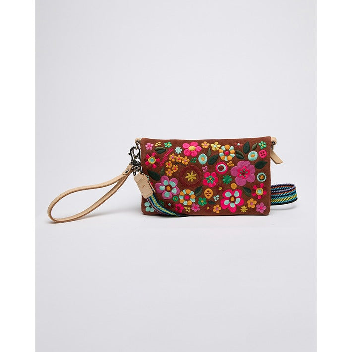 brown crossbody with embroidered flowers