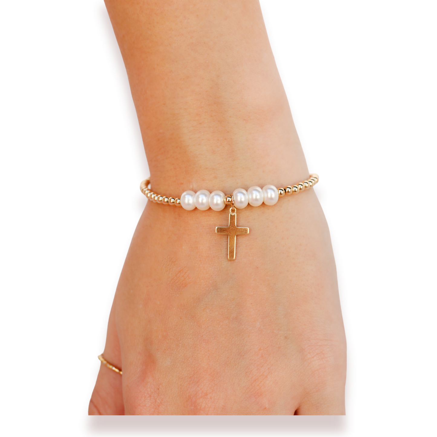 Charm Bracelet Cross + Pearl Gold