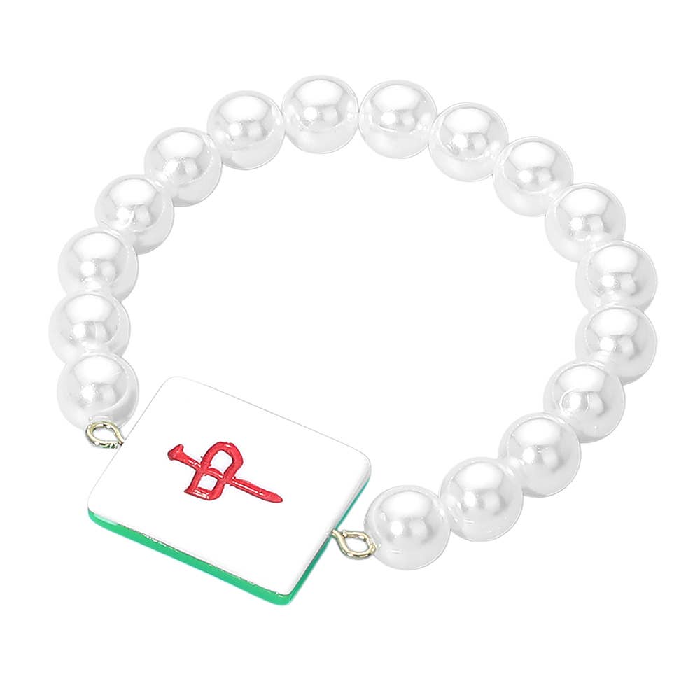 Bracelet Mahjong Tile Accent Pearl Beaded Stretch