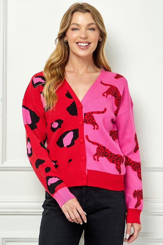 pink and red cardigan with cheetah print
