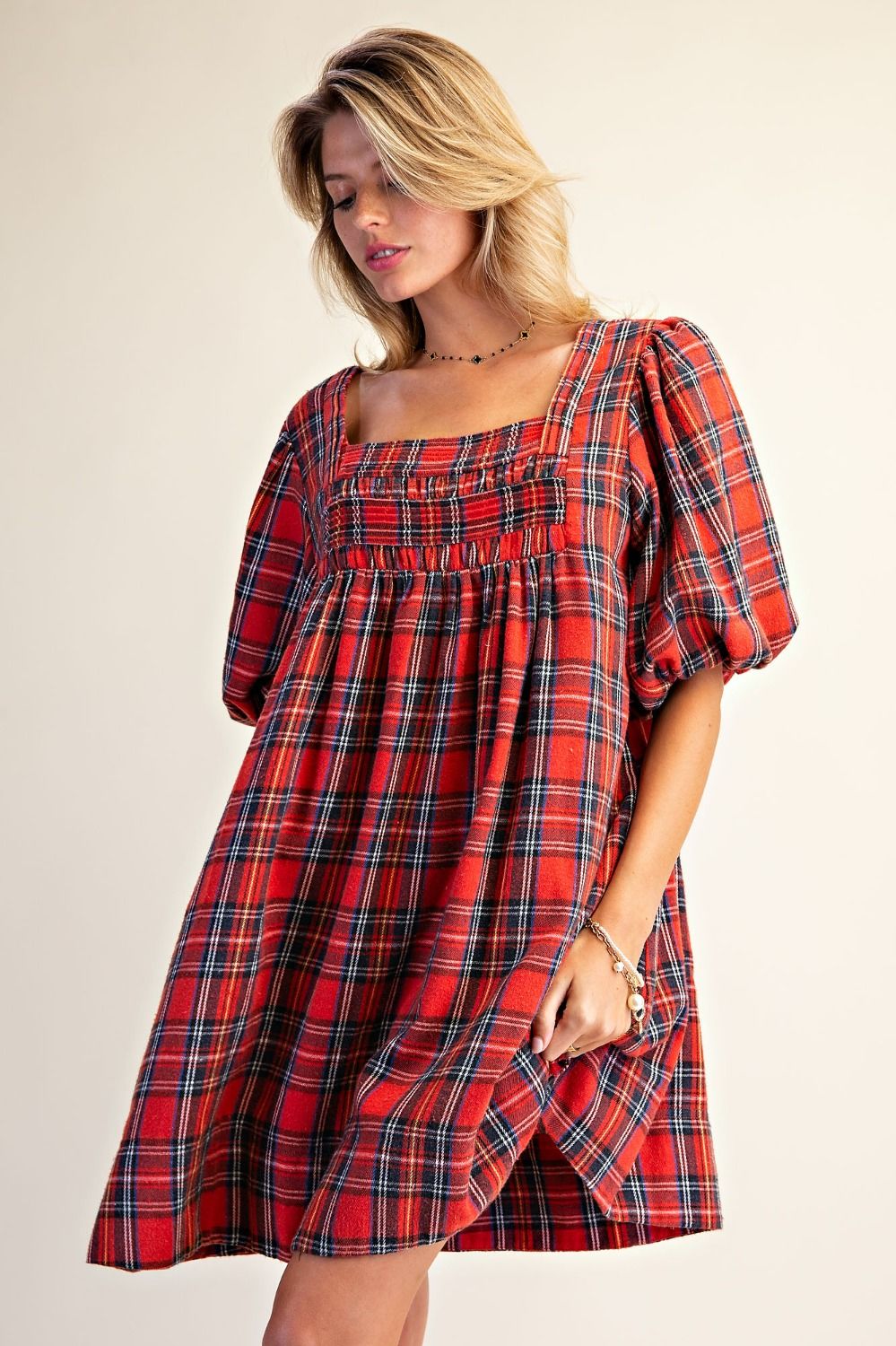 DRESS PLAID PUFF SLEEVES RED