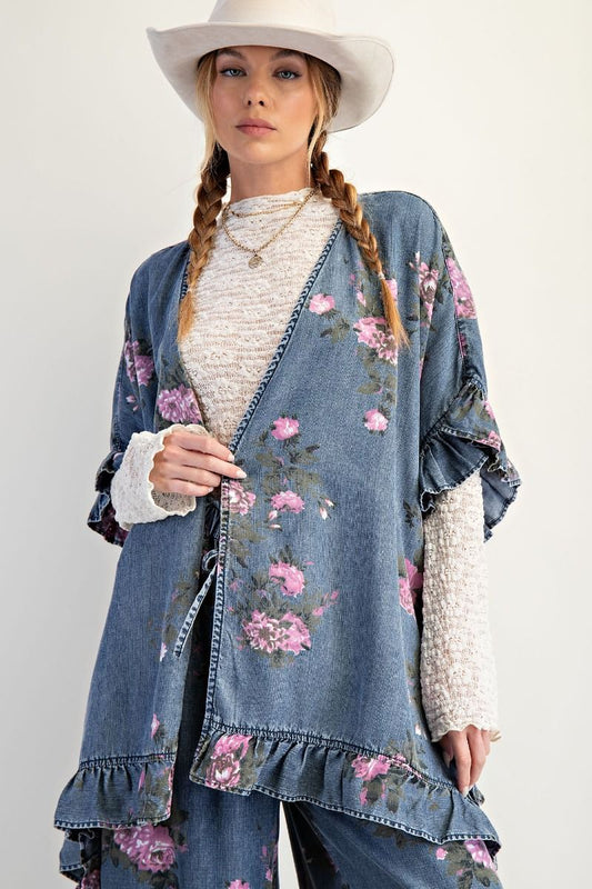 CARDIGAN RUFFLE HEM PRINTED CHAMBRAY OPEN KIMONO