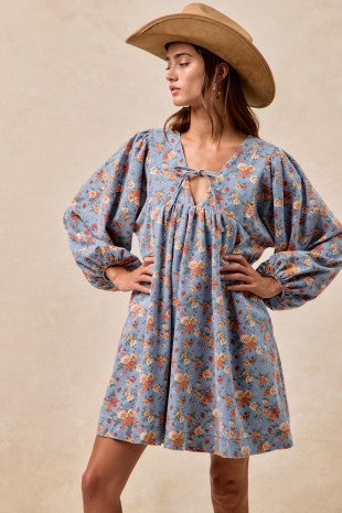 DRESS FLORAL DENIM WASHED FRONT TIED