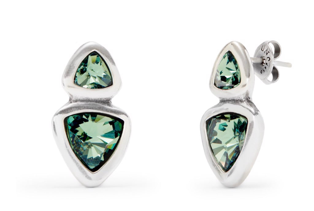 silver earrings with green triangle stones