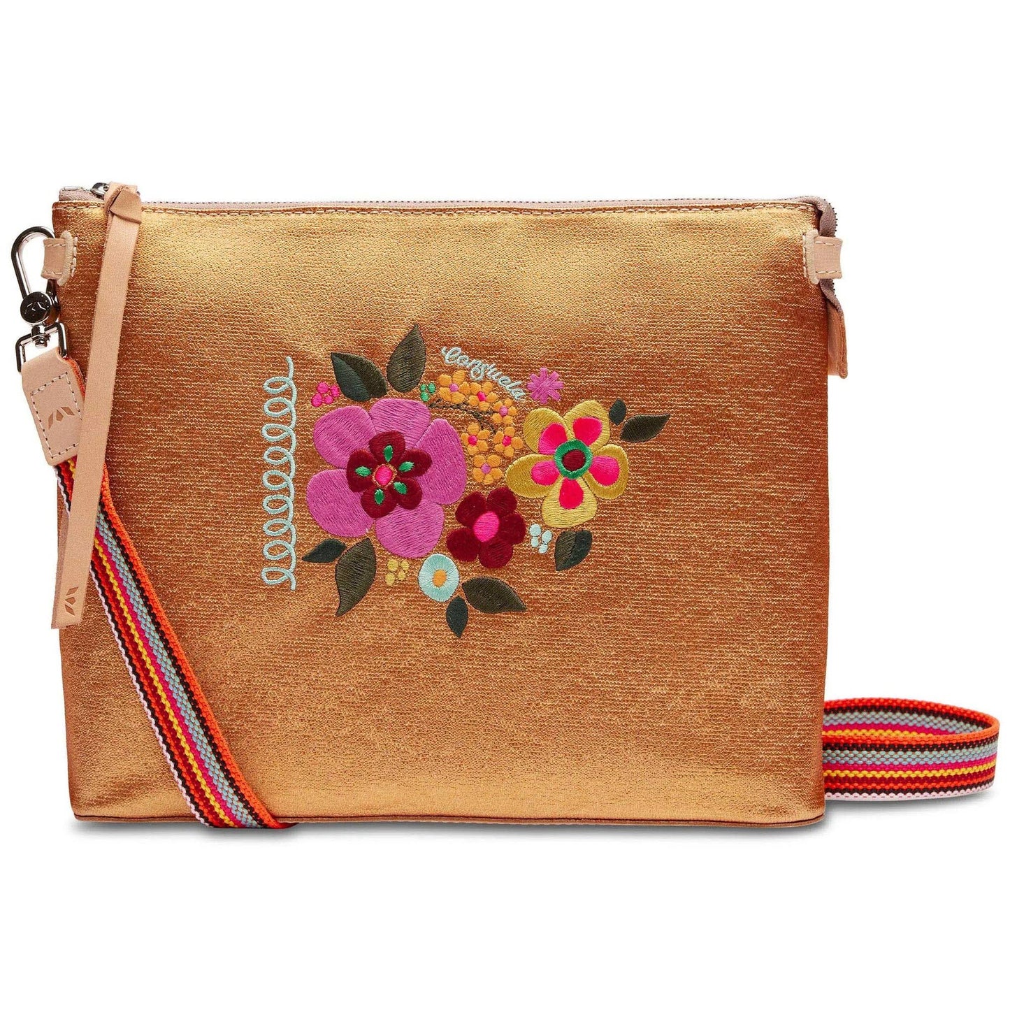 Bronzed Downtown Crossbody by Consuela, Metallic Crossbody, Brown Crossbody with embroidery