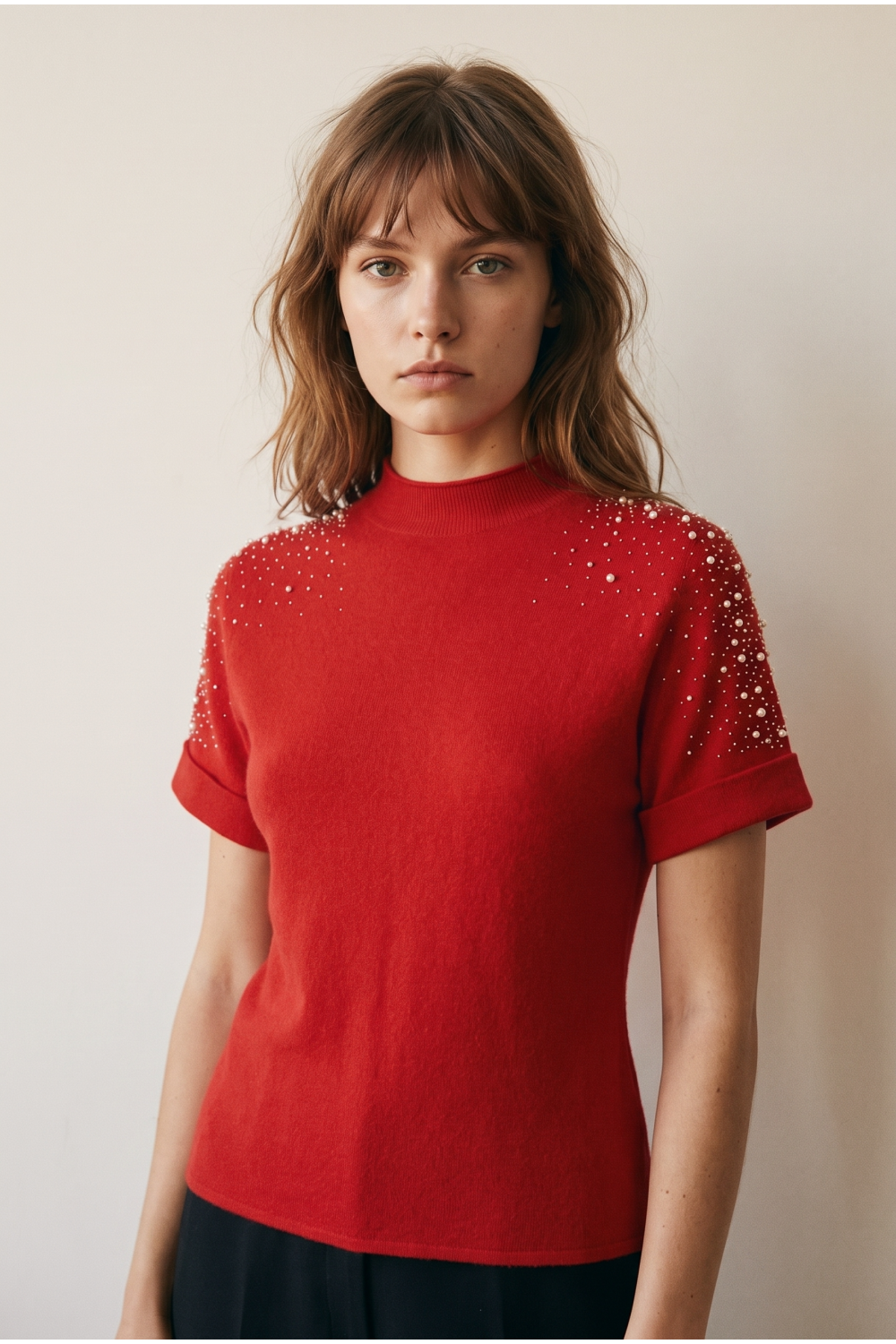 Top Crystal Embellished SS Knit Soft Fit RED