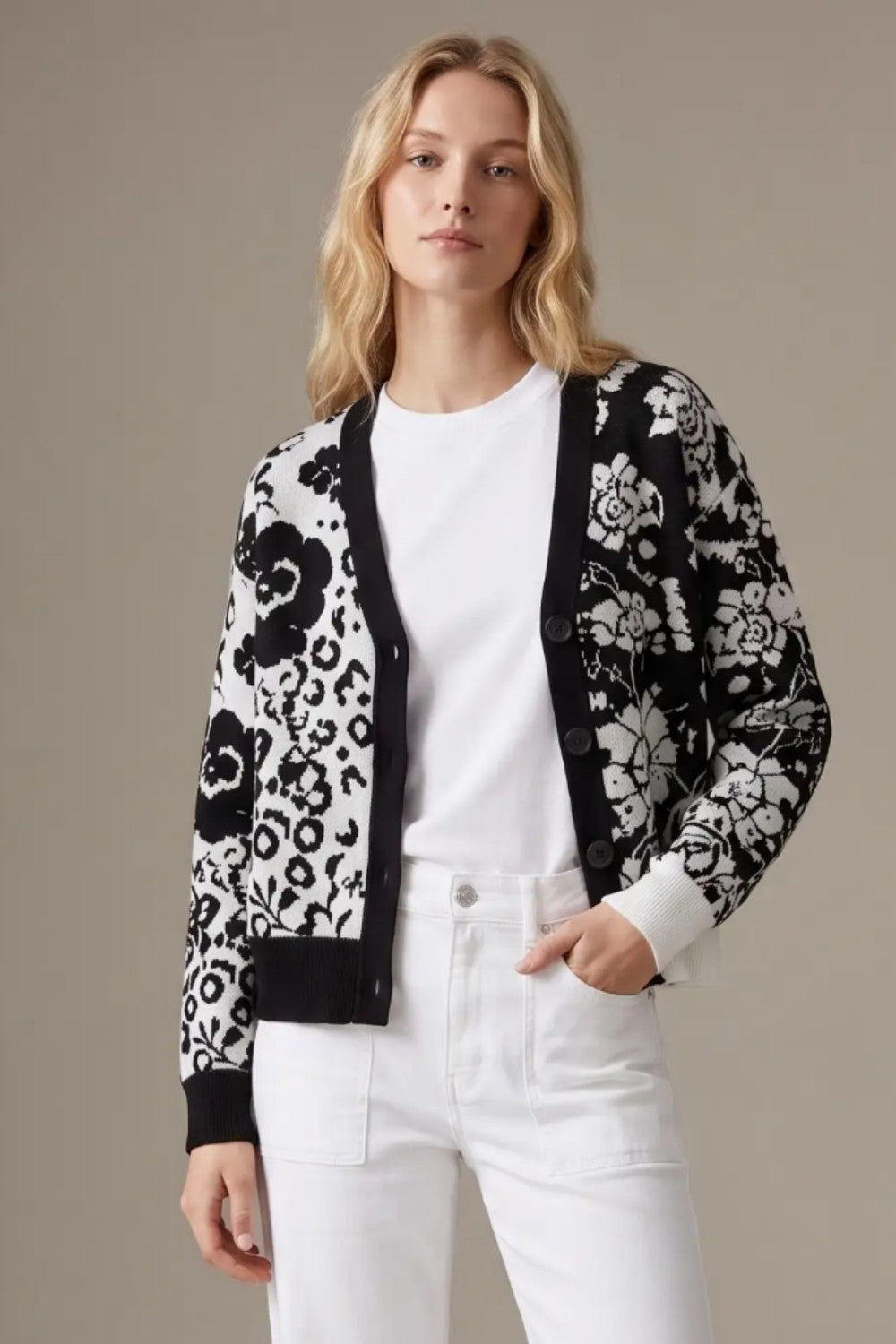 Cardigan Jacquard Mixed Button Front BLACK / WHITE